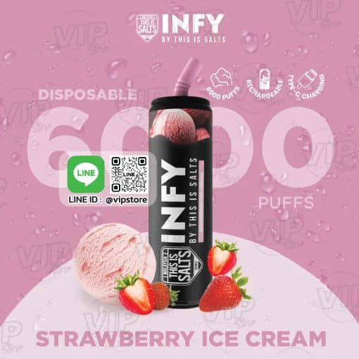 เครื่อง infy 6000 Puff กลิ่น ไอศครีมสตรอเบอร์รี่ หอม หวาน มัน กำลังดี